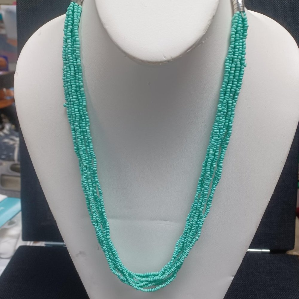 8 Strand Teal Seed Bead Statement Necklace Layered Boho Bib Summer Jewelry/E-2